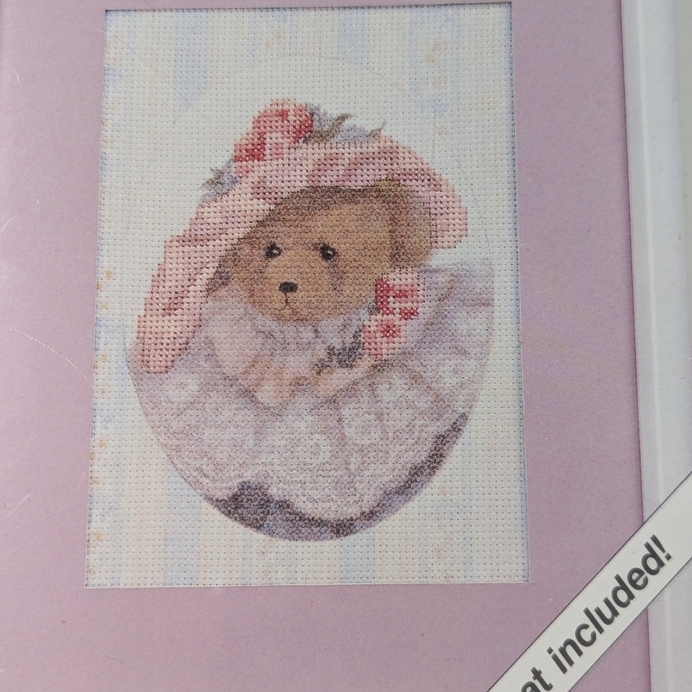 🩷 Cross Stitch teddy bear design pink hat easy NWOT weekend project